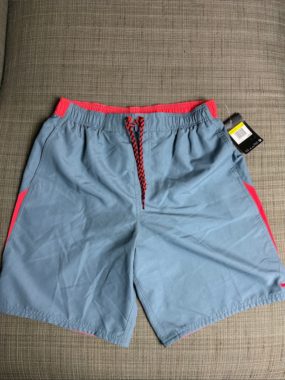NWT Nike Men's Gray & Neon Red Swim Trunks size M Medium